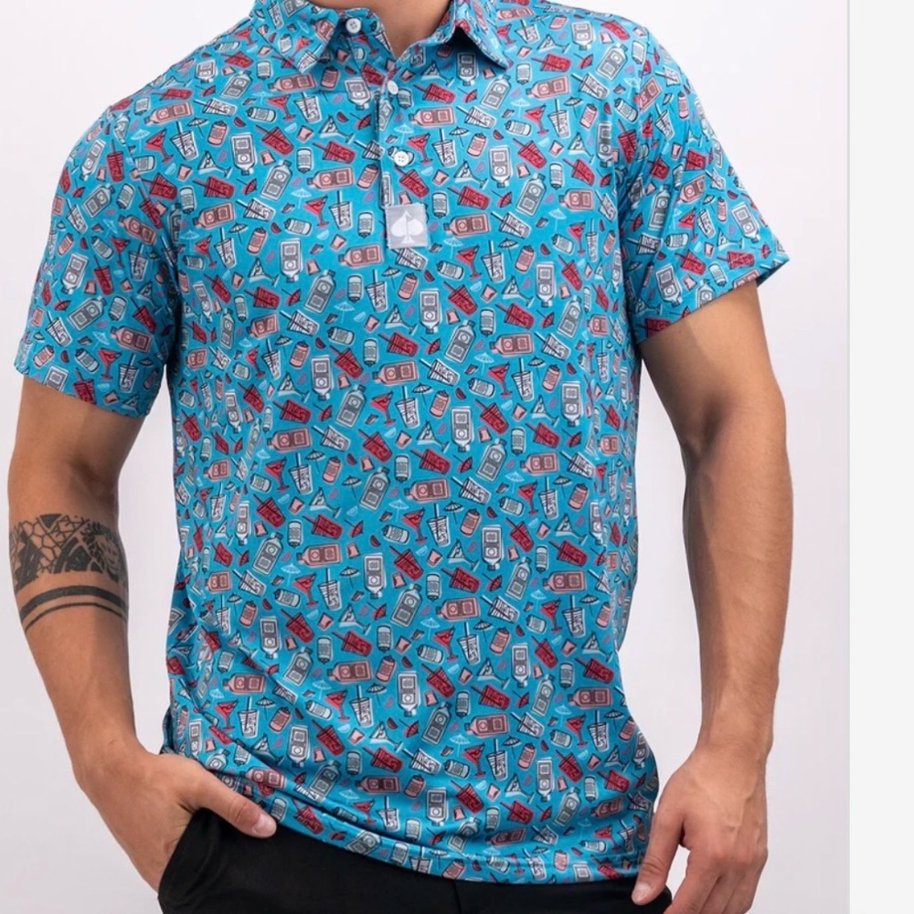 Pins & Aces Bold All Over Print M Day Drinking Vacay Fun Golf Polo Shirt Men M